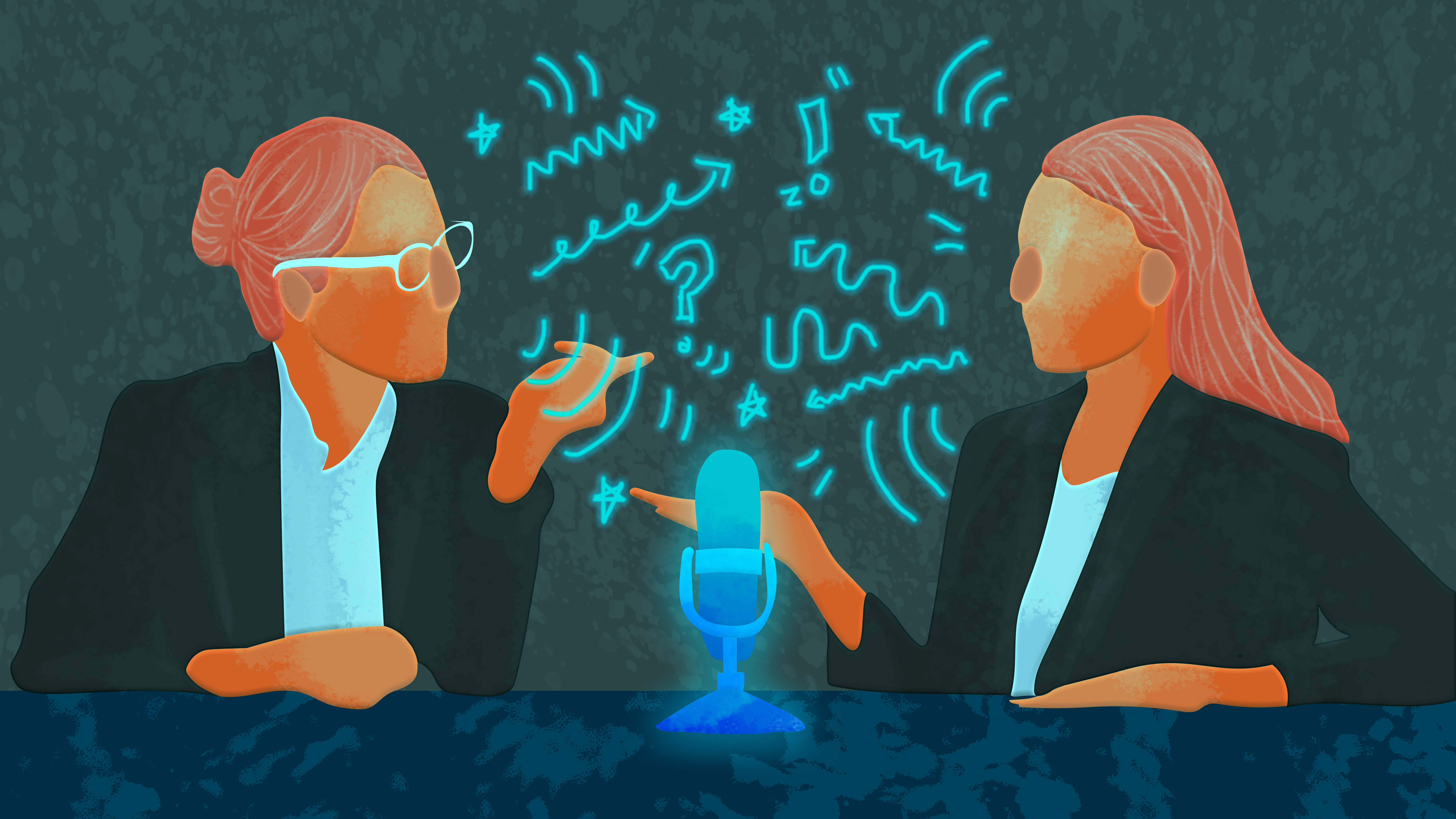 Two people in a structured interview with a microphone